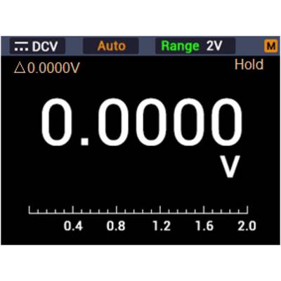 An electronic display shows a voltage measurement of 0.0000 volts. At the top are the settings: DCV, Auto, Range 2V, Hold activated.
