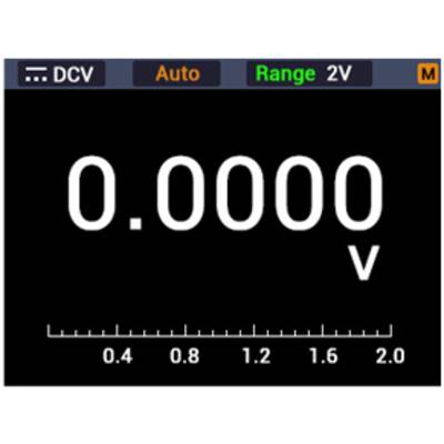 'Digital multimeter display shows 0.0000 Volts. Mode DCV, Range 2V. Auto-setting activated. Scale from 0.0 to 2.0.'