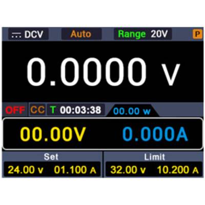 Digital multimeter display shows '0.0000 V', '0.00 V', and '0.000 A'. Settings: Set '24.00 V', '0.11 A'; Limit '32.00 V', '10.20 A'.