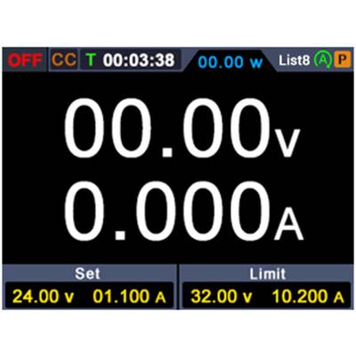 Display of an electronic device showing voltage of 0.00 V and current of 0.000 A. Top: 'OFF CC T 00:03:38 00.00 w List8'. Bottom: 'Set 24.00 v 01.100 A', 'Limit 32.00 v 10.200 A'.
