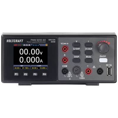 'Voltcraft PMM 6010-60' power supply and multimeter with digital display showing '0.00 V' and '0.00 A'. Several controls and connections on the right.