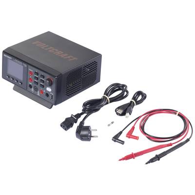 Power supply unit with display, cables, and test leads. Device front shows selection buttons and connections. Accessories include power cable and test probes.