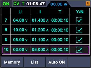 Image of an electronic device with measurement values. The table shows Voltage 'U', Current 'I', Time 'T', and Status 'Y/N'. Rows 7-10 with different values.