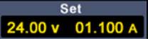 Display showing the values: 'Set', '24.00 V', '01.100 A', representing the voltage and current of a device.