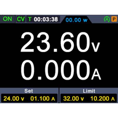 Digital display of a power supply unit: Voltage 23.60 Volts, Current 0.000 Amperes. Set values: 24.00 Volts, 1.100 Amperes. Limit: 32.00 Volts, 10.200 Amperes. Timer: 00:03:38.
