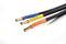 Three cables with differently coloured ends: blue, yellow, and orange. They are suitable for an electrical or electronic connection.