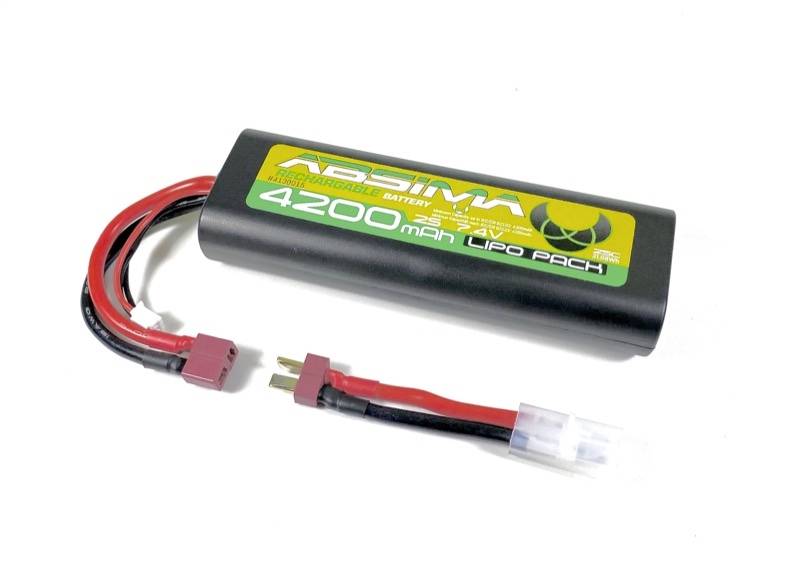 Black LiPo battery with the inscription 'Absima 4200 mAh', red and black cables with connectors.