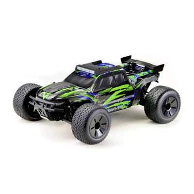 Remote-controlled car with robust design in black, blue and green. Large, chunky tyres for off-road driving.