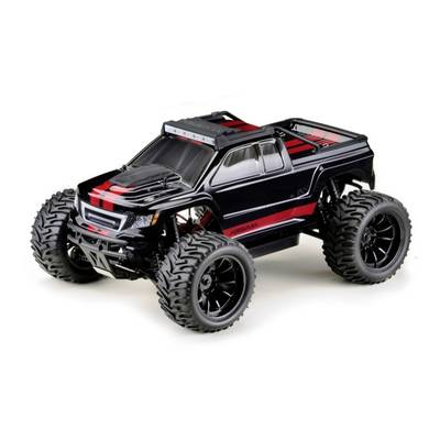A black toy monster truck with red decorative stripes and large, detailed off-road tyres.