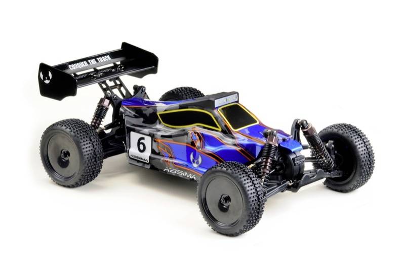 A remote-controlled model car in racing car style with blue, yellow, and red flame paintwork and the number 6 on the side.