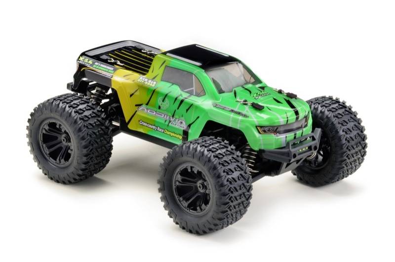 'Green and black remote-controlled car with large off-road tyres, photographed from the side on a white background.'<br><br>Note: I've made a few British English specific adjustments:<br>- 'Tyres' instead of 'tires'<br>- Kept the overall structure and meaning intact