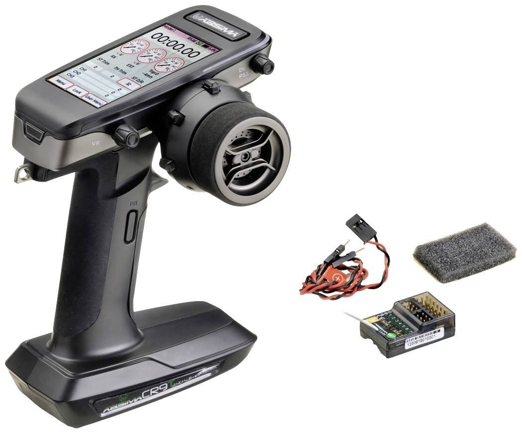 A black radio remote control with a display, on the left. On the right, accessories such as a receiver and cables are shown.