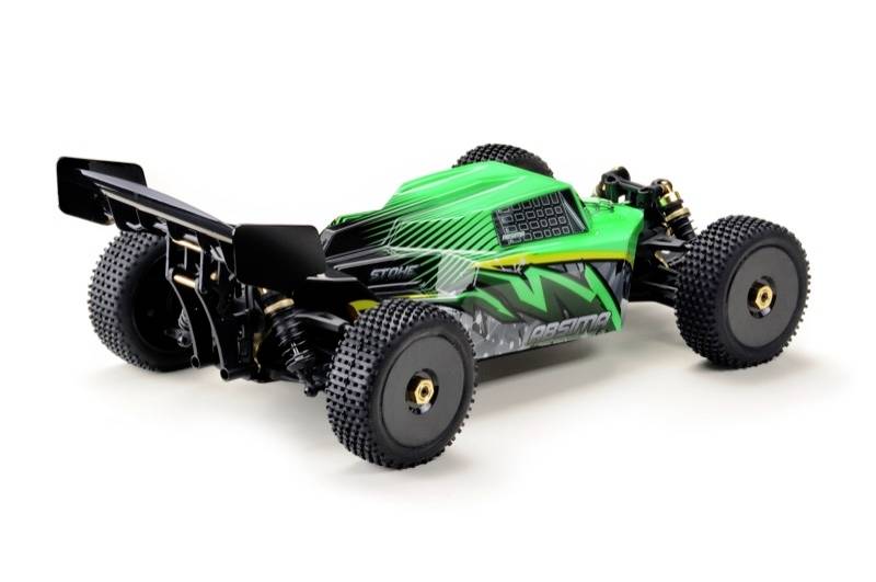 Racing toy car in green and black with large off-road tyres. It has a sporty design and is optimised for speed.