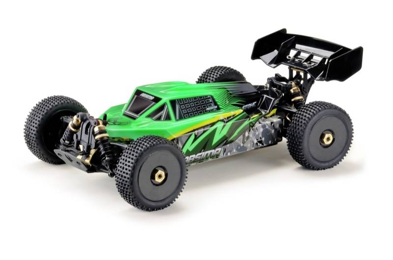 Remote-controlled car with green casing and black tyres, side view.