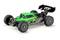 Remote-controlled car with green casing and black tyres, side view.