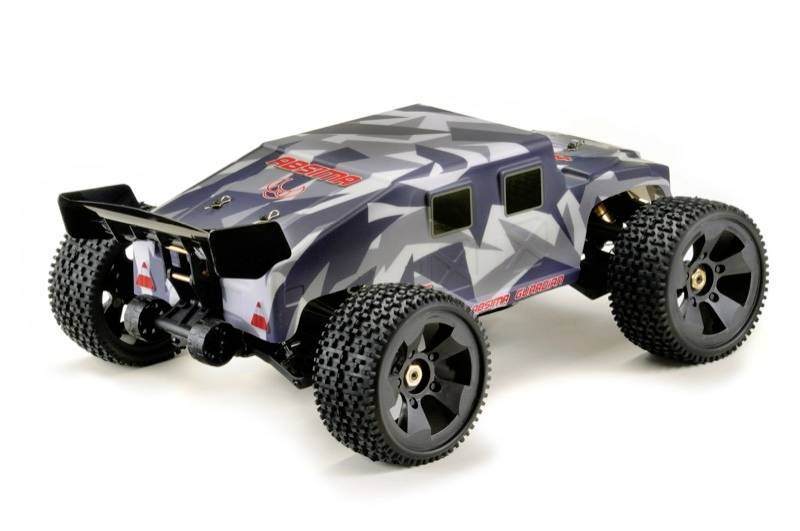 Remote-controlled car with grey and black camouflage pattern and large rubber tyres. Rear view with visible spoiler.