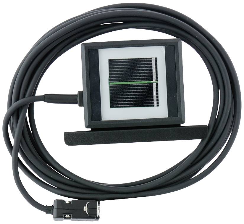 A black cable with a rectangular sensor at the end. The sensor has a square solar panel pattern in the centre.