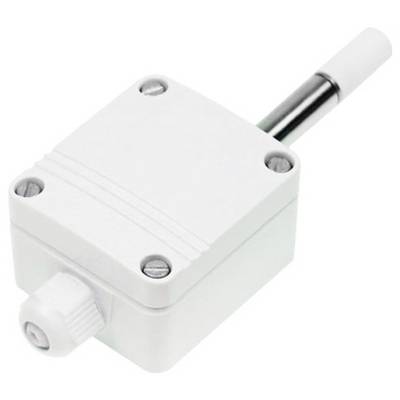 A white electronic sensor device with a metal probe and a plastic casing, featuring a cable connector at the bottom.