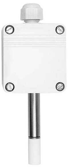 A white electronic device with a metallic probe and four screws on the front, likely used for measuring or monitoring environmental conditions.