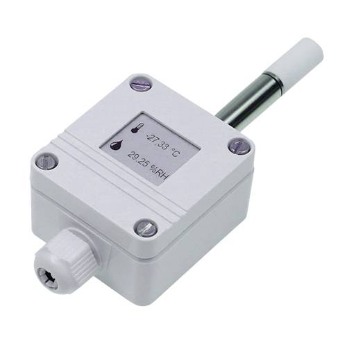 A white temperature sensor with a digital display shows 'Temperature: 27.33 °C' and 'Humidity: 20.25% RH'.