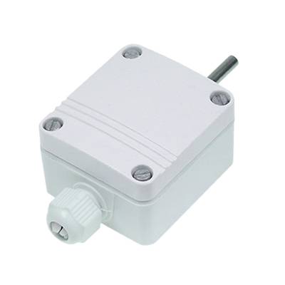 A rectangular white enclosure with a side cable connection and a rear metal rod, likely a sensor device.