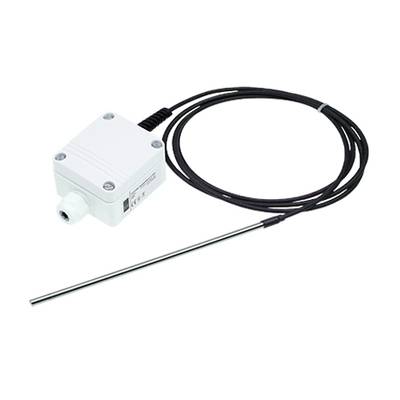Temperature sensor with long metal probe and plastic housing, suitable for industrial applications.