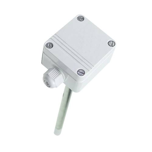 A rectangular, white plastic sensor with a long, thin rod. It is suitable for mounting in outdoor areas.
