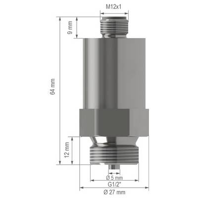 Technical drawing of a cylindrical metal fitting with M12x1 top thread, G1/2 bottom thread, 27 mm body diameter, and labeled dimensions 64 mm tall, 9 mm top, 12 mm bottom, 5 mm bore.