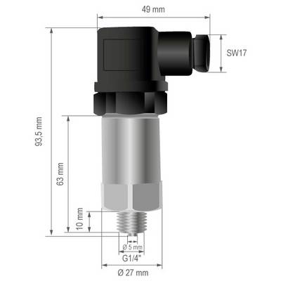 Technical drawing of a right-angle pipe fitting with dimensions: 93.5 mm overall height, 49 mm top length, 63 mm body, G1/4 thread, 27 mm diameter, SW17 head.
