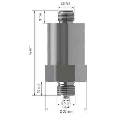 Technical drawing of a cylindrical metal fitting with M12x1 top thread and G1/4 bottom thread, showing dimensions: 62 mm tall, 27 mm diameter, 9 mm top section, 10 mm bottom section, 5 mm bore.