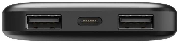 Black power bank with two USB-A ports and a micro-USB port in the centre, front view.