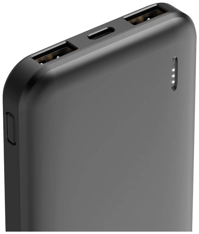 A black portable charger with two USB ports, a micro-USB port, and an LED display for battery level indication.