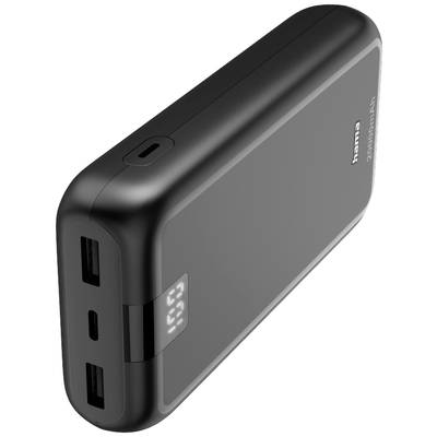 Black power bank with two USB ports, a USB-C port and LED display. Compact design for mobile charging.
