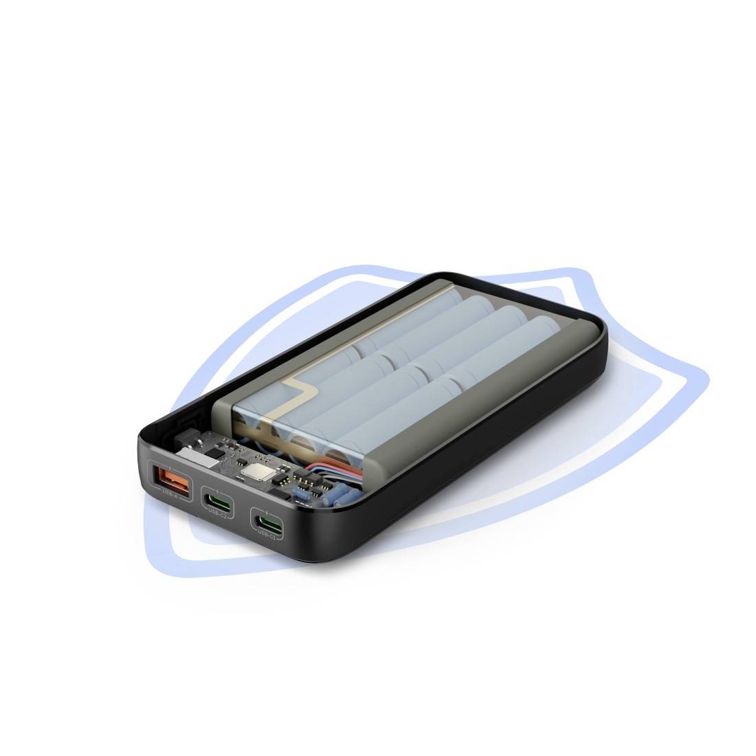 An opened battery reveals its internal cells and terminals. The background features a suggested shield symbol, indicating protection.