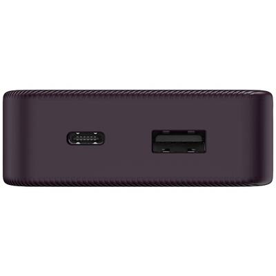 A purple power bank with a USB-C port on the left and a USB-A port on the right.
