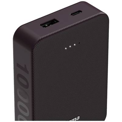 A black power bank with 10,000 mAh capacity, USB and USB-C ports, and four LED indicators for charging status.