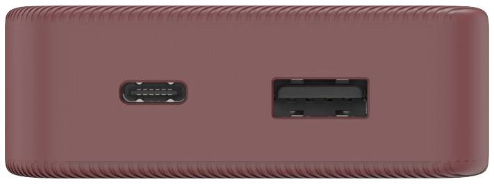 A red electronic device with a USB-C and a USB-A port on the front.