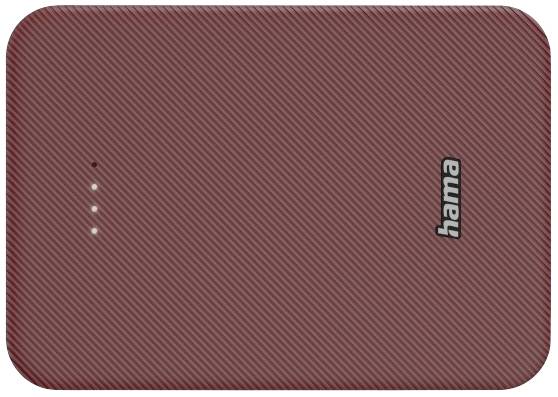 A red portable power bank with the brand logo, four charging indicators in a row on the left side.