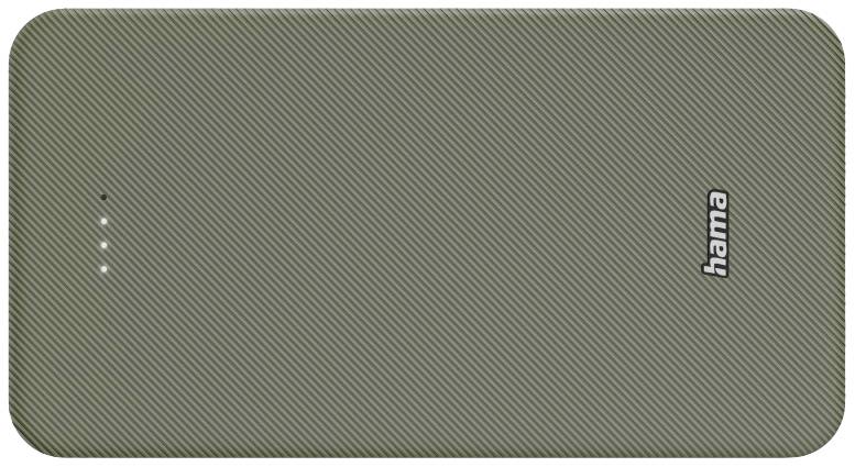 A grey power bank with the brand name 'hama' in the top right corner. On the left, there are four LED indicator lights showing the charging status.
