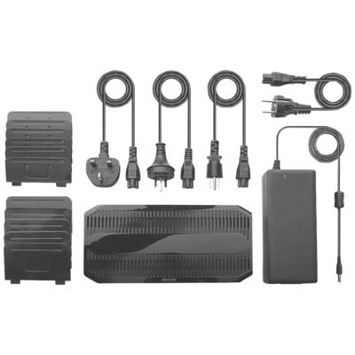 Power supply set with various international plug adapters and a large, rectangular charger in black.