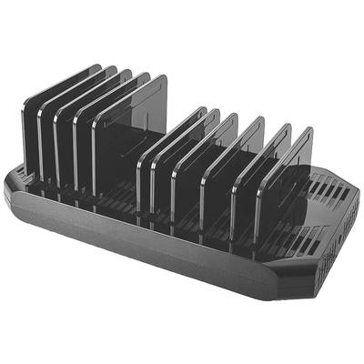 A black organiser with multiple vertical compartments for storing documents or tablets.