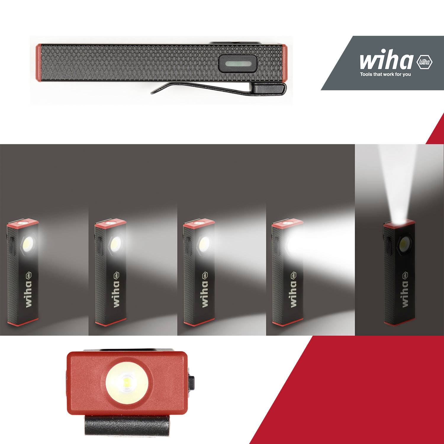 'Torch by Wiha with rectangular design. Top: Torch lying flat. Middle: Various views. Bottom: Front view with illuminated LED.'