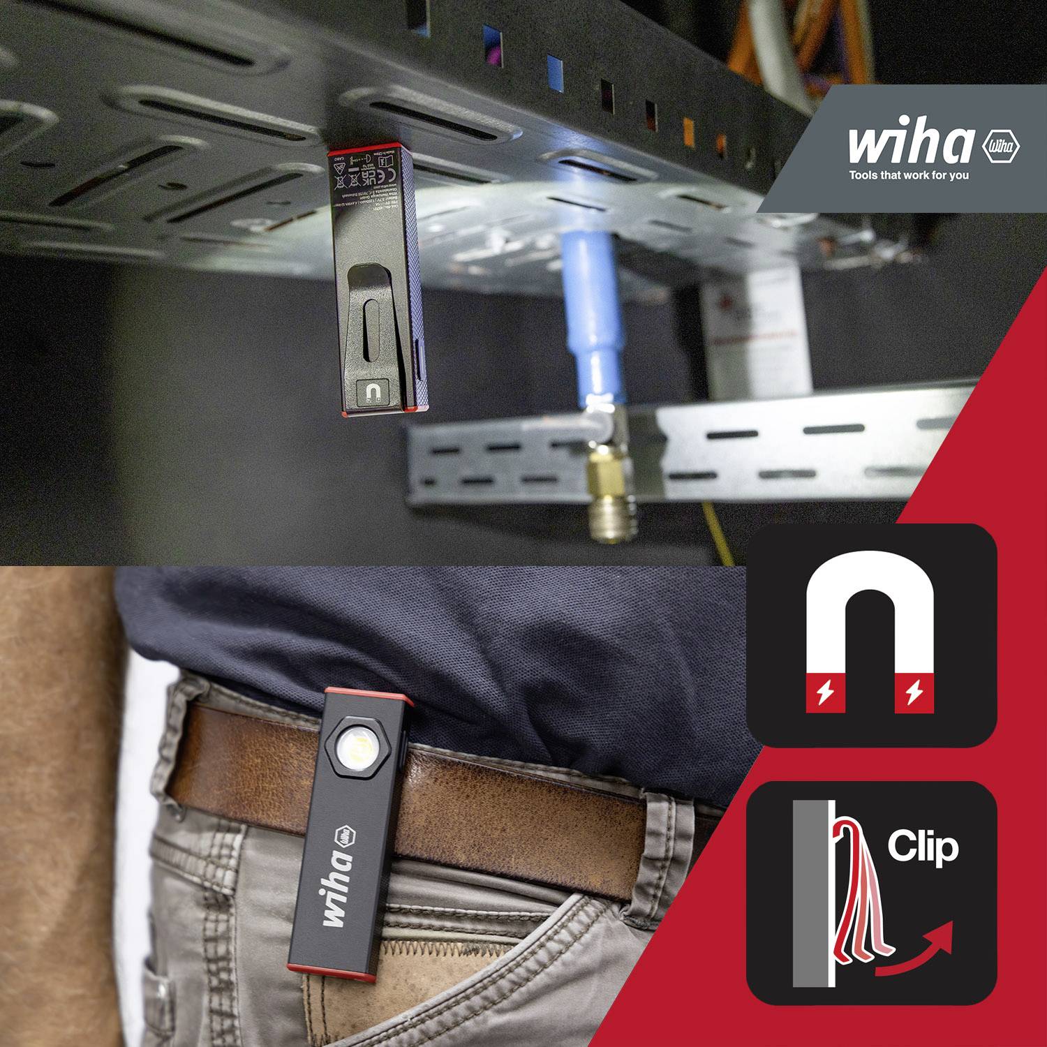 Two images: Above, a laser distance metre adheres magnetically to a metal surface. Below, the device is comfortably worn on the belt.