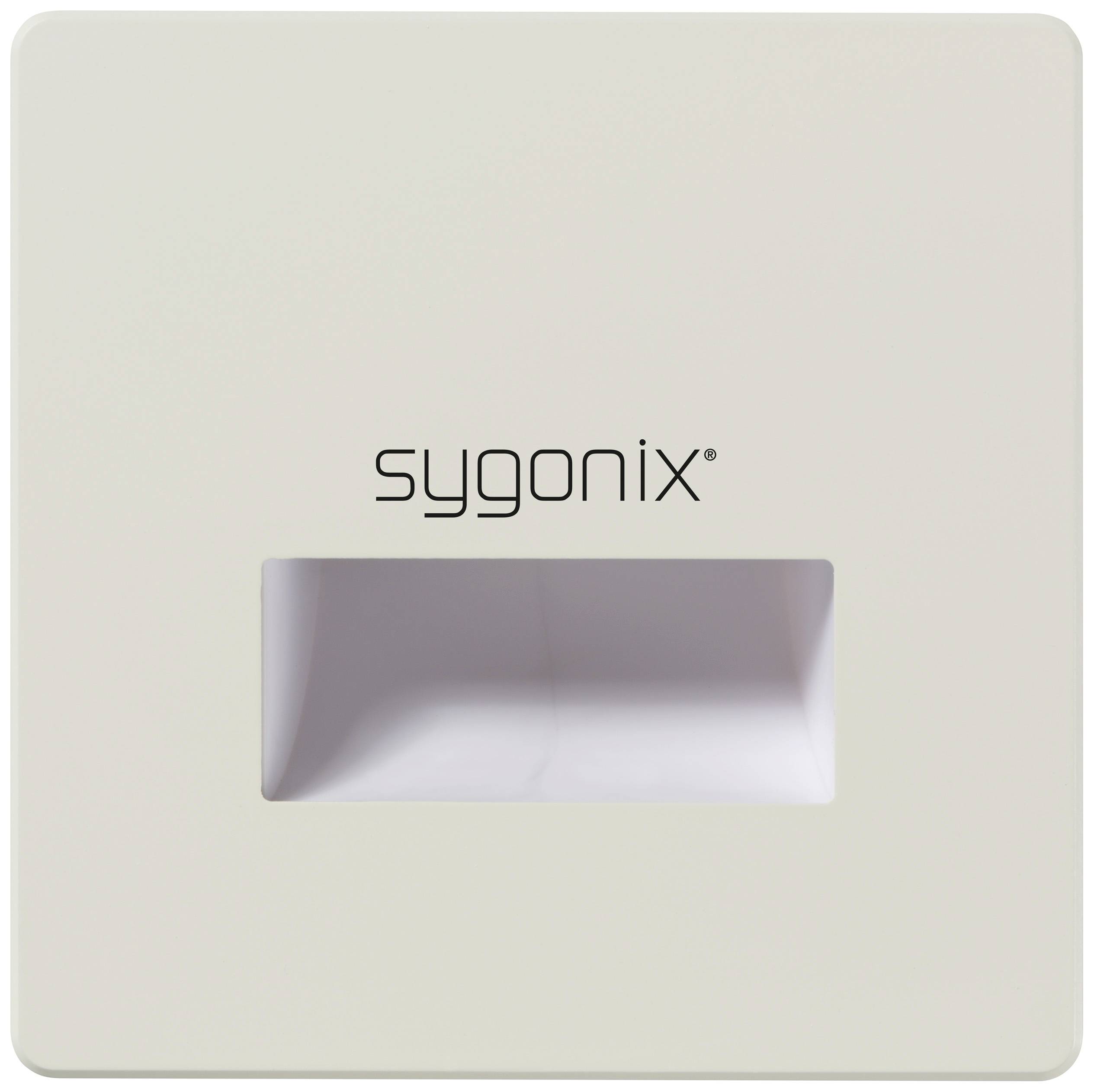 A square, white light switch by Sygonix with a rectangular cut-out in the centre.