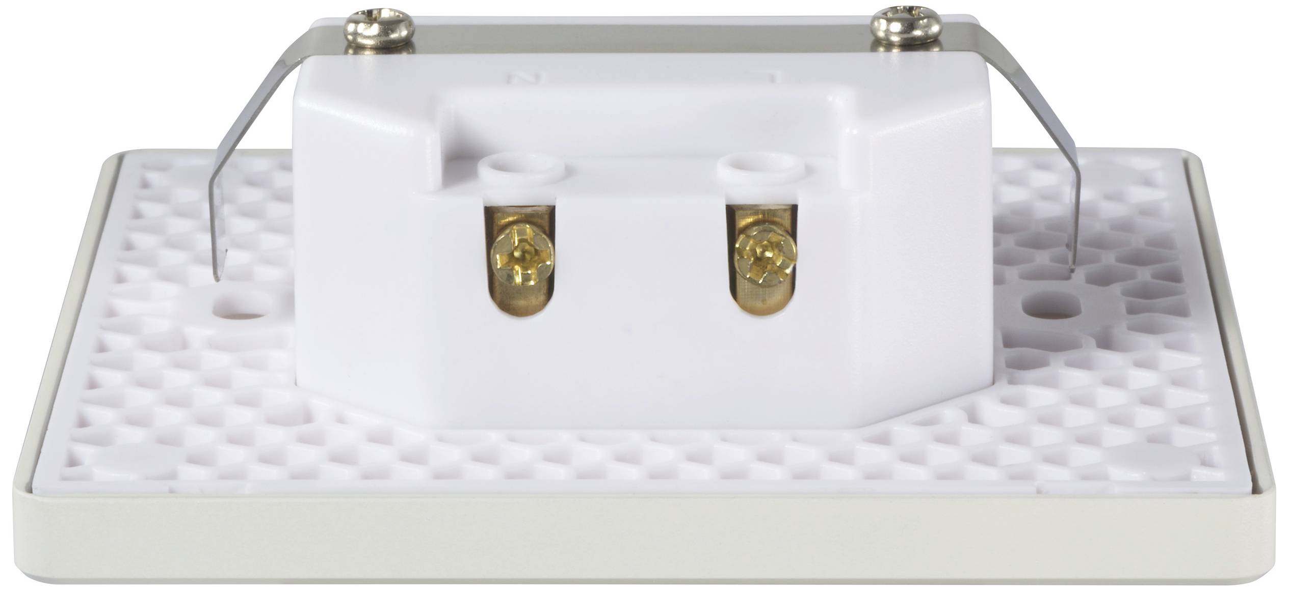 White electrical socket with screw terminals, side-mounted metal tabs and grid-shaped base.