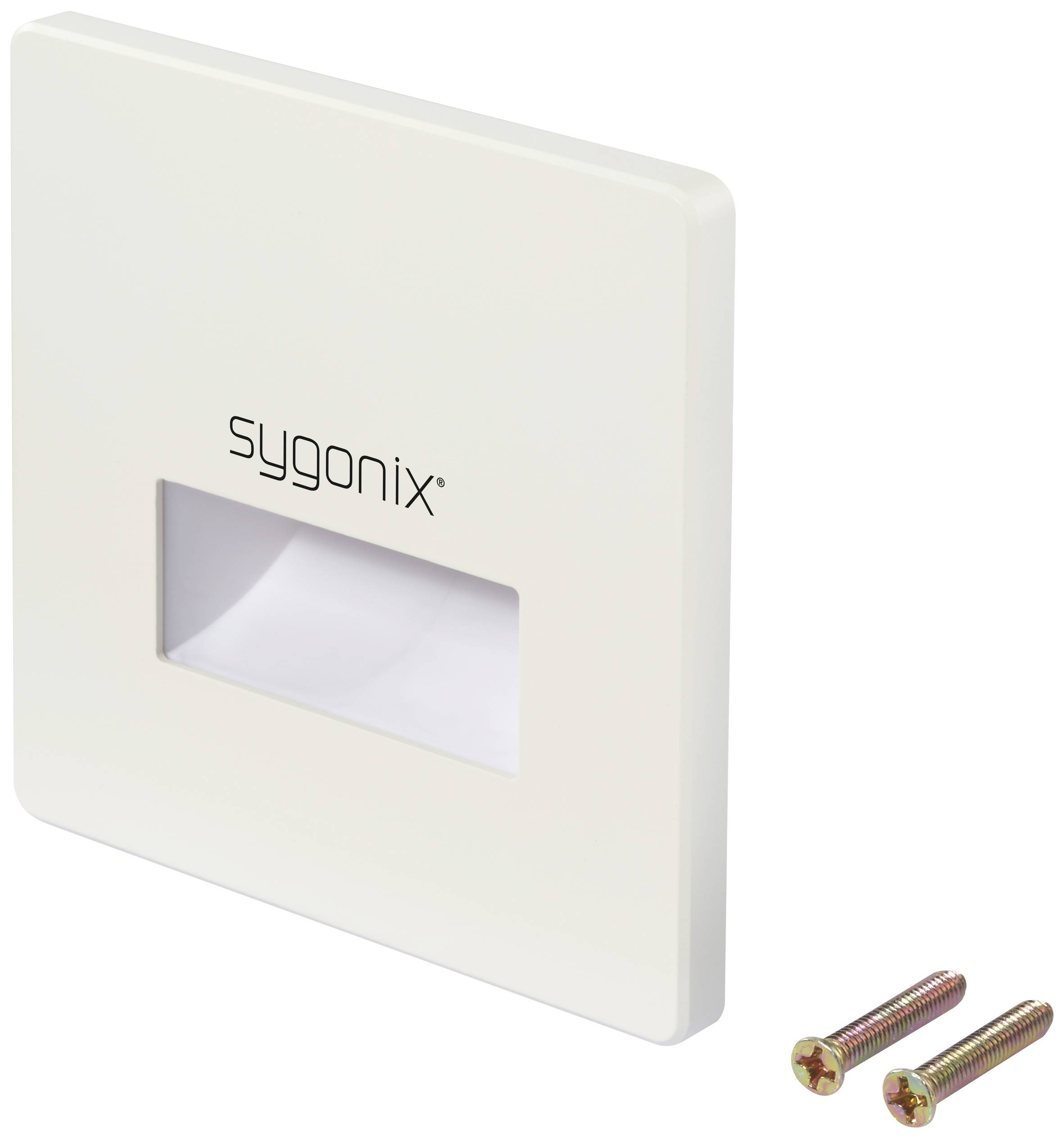 White plastic cover plate with rectangular opening and two included screws, brand name 'sygonix' in the top left corner.