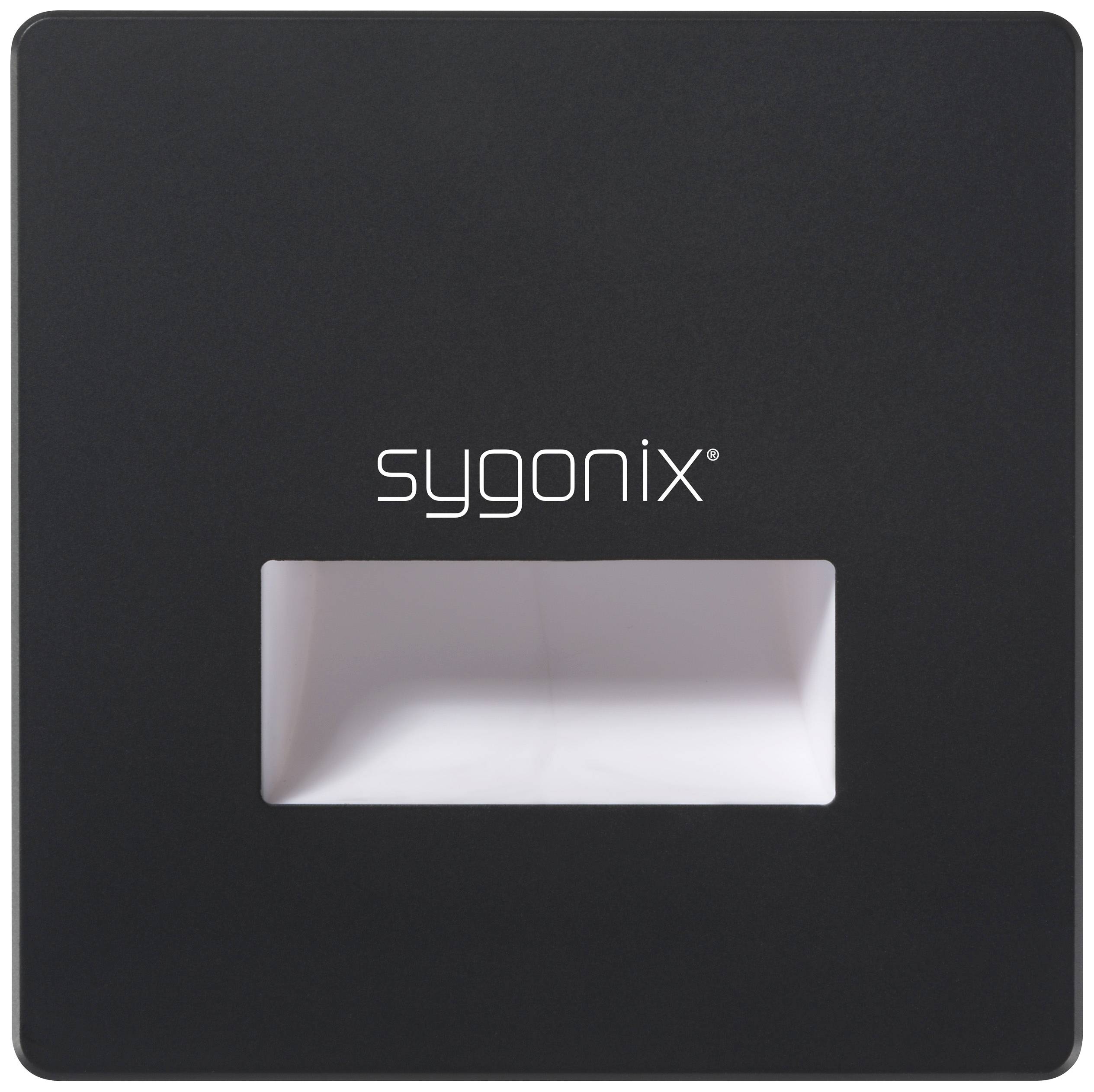 Black square Sygonix light with rectangular white illumination field in the centre.