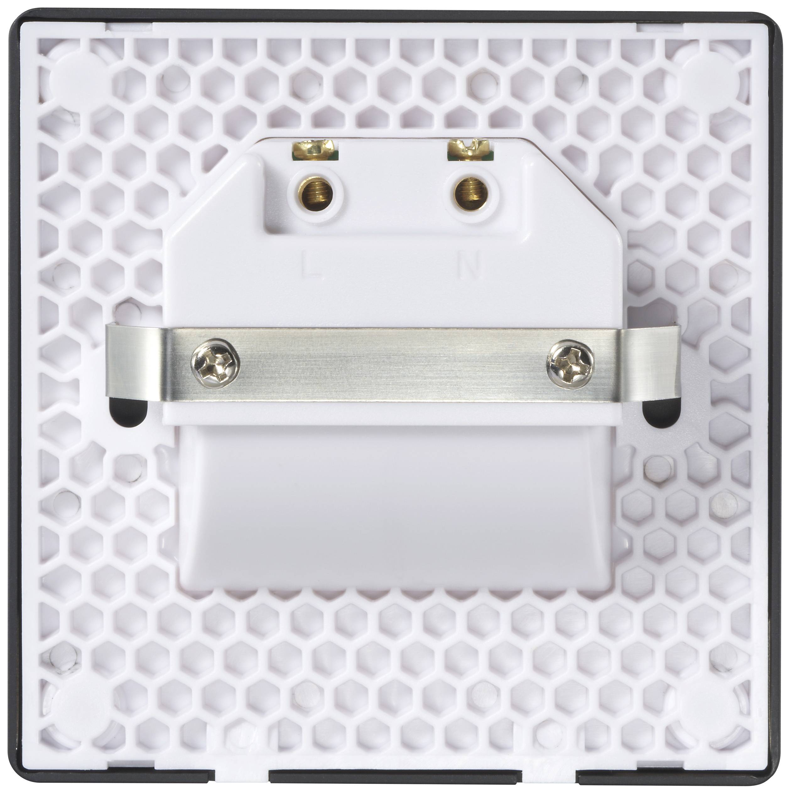 'Back of an electrical device with a honeycomb-patterned cover, metal mounting, and connections for live (L) and neutral (N) wires.'