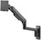 A black, adjustable wall-mounted monitor arm. It features a articulated arm design with a VESA mounting plate on top.