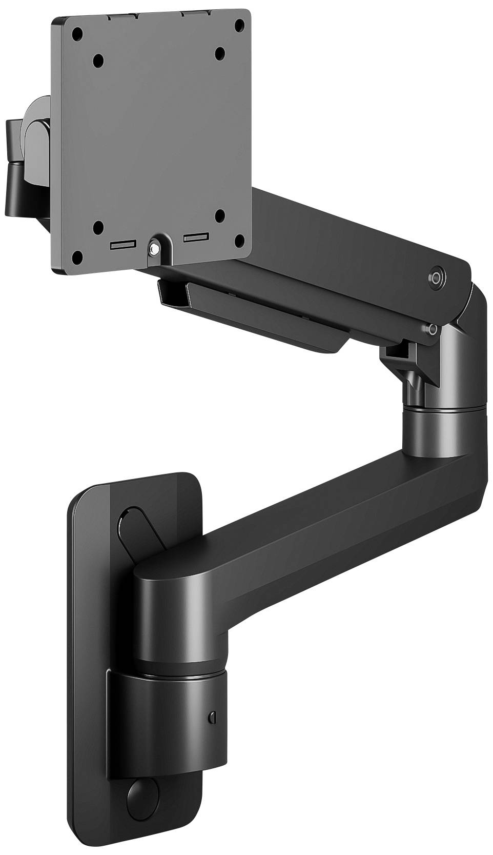 Metal monitor arm in black, with multiple joints for flexible positioning. Mounted on a wall bracket, without monitor.
